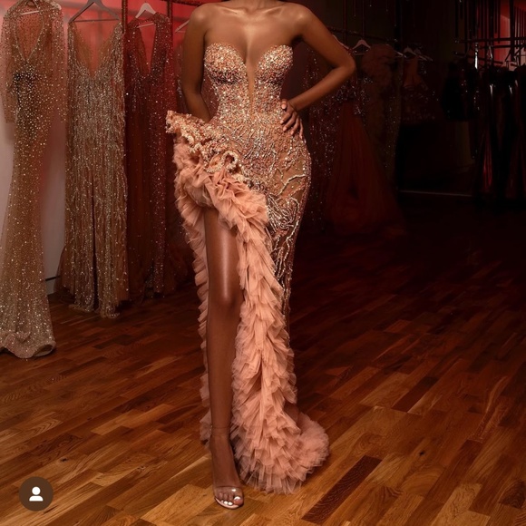 Albina Dyla Dresses & Skirts - Albina Dyla Couture Beaded Nude Gown with Feathered Detail – Custom Designer Dre